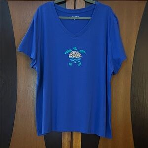 NWOT Bright Royal Blue Short Sleeve V Neck Tee w/ Sequin Turtle Design
